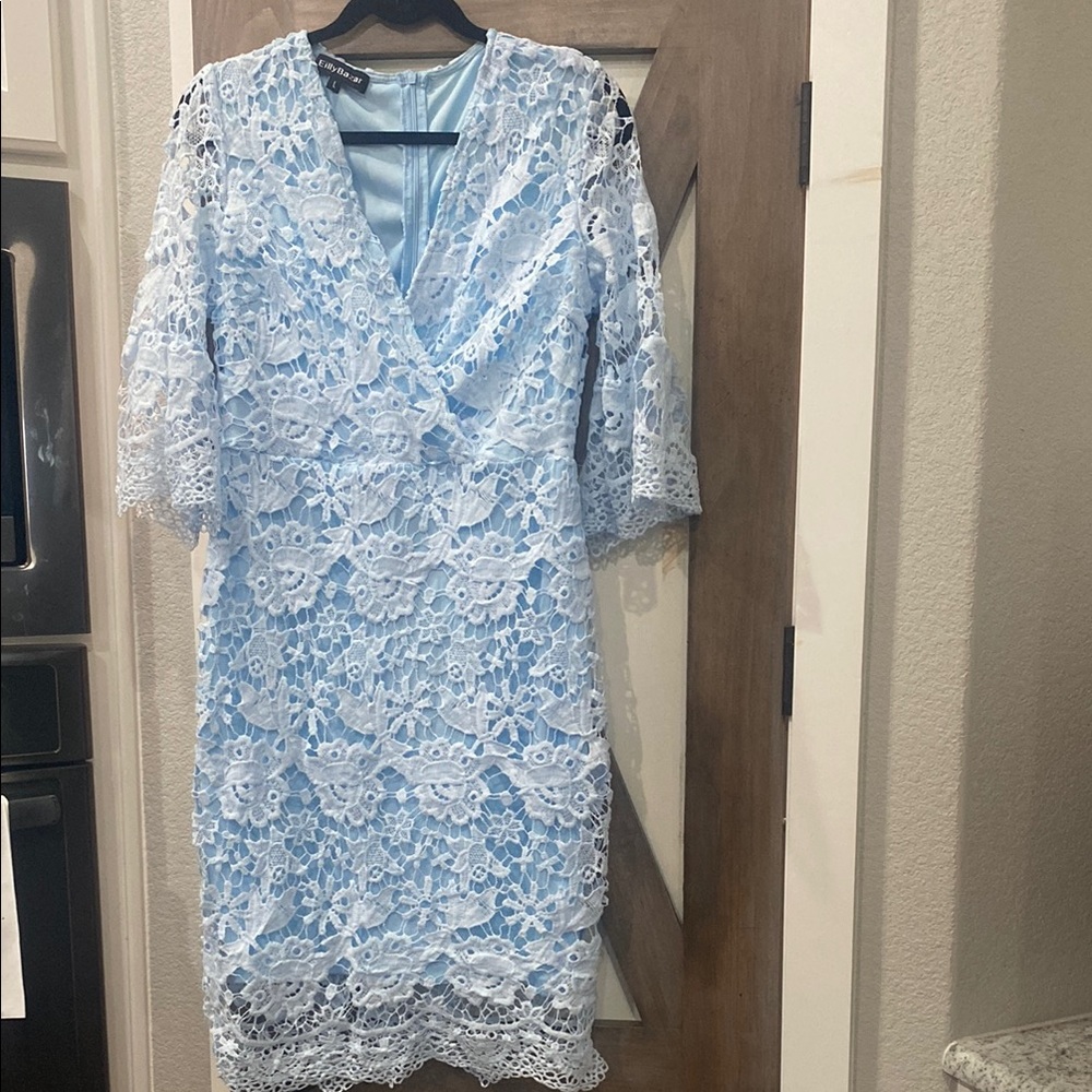 Blue V-Neck Sheath Dress with 3/4 Sleeves